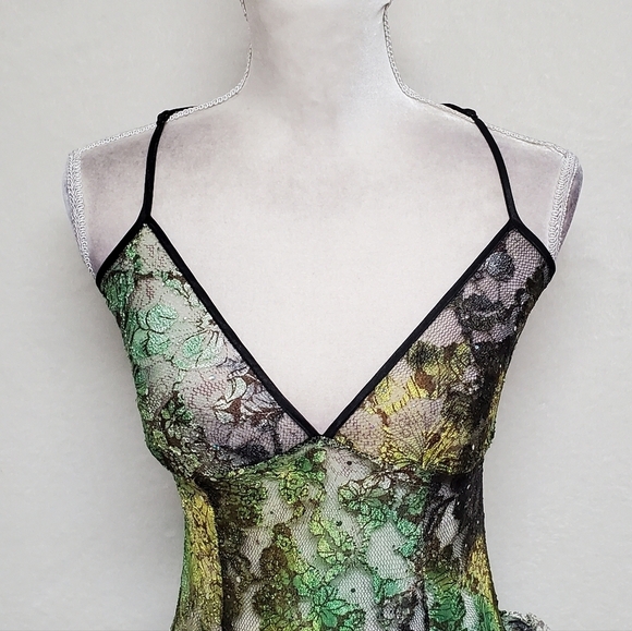 80s Rare Vintage Surprise Parties Green Tie-Dye Sheer Lace Lace-up Bustle Dress - Picture 6 of 16